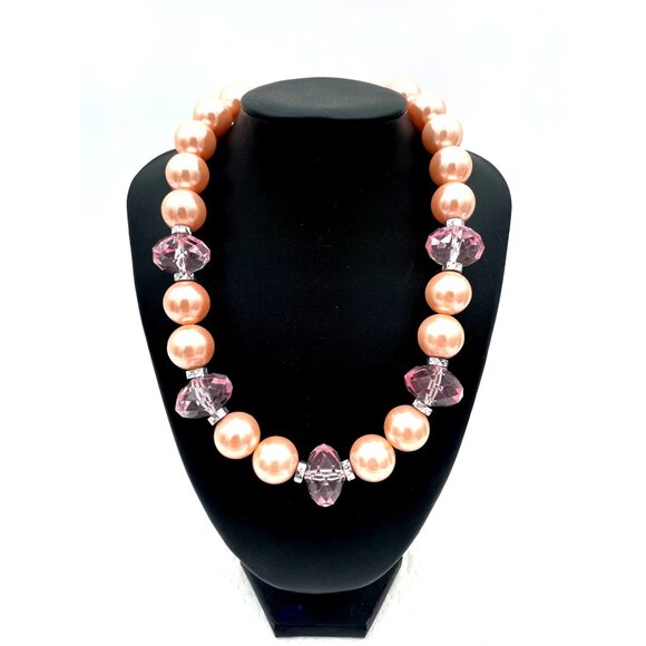 Chunky Beaded Necklace With Large Pink Pearls & Faceted Clear Beads - Picture 1 of 3